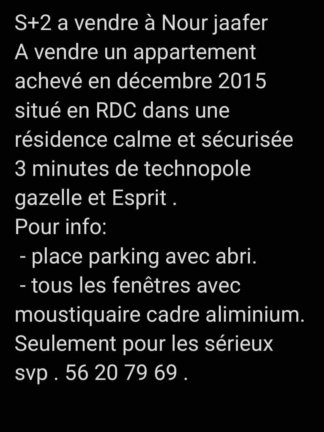 Raoued Cite Ennour Jaafar Vente Appart. 3 pices Appartement s2