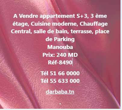 Mannouba La Mannouba Vente Appart. 3 pices Av appartement s3 ref25984