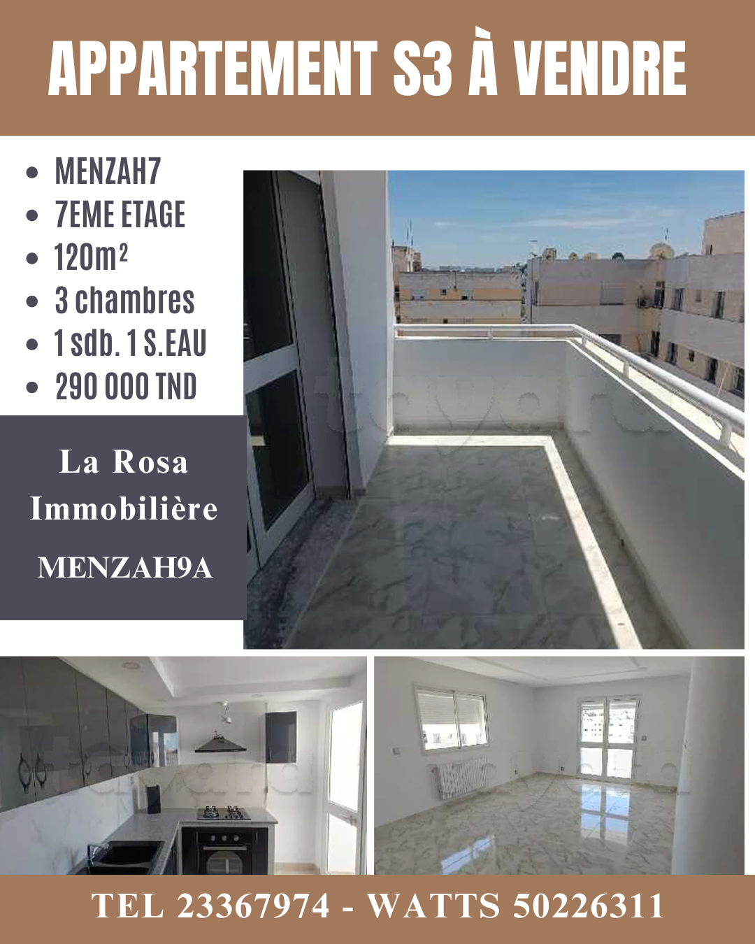 Ariana Ville El Menzah 7 Vente Appart. 4 pices Bel appartement s3 retap  neuf  el menzah7