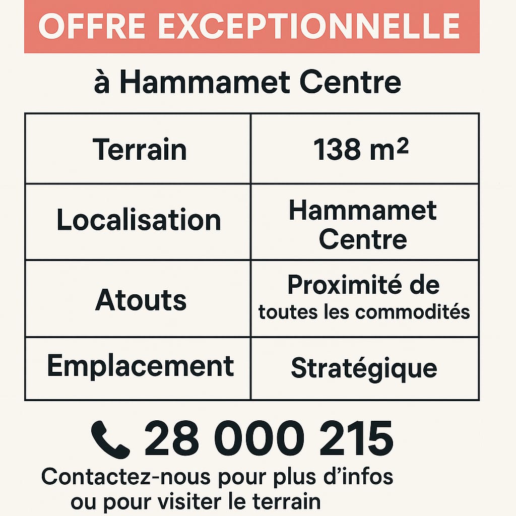 Hammamet Hammamet Terrain Terrain nu Offre exceptionnelle hammamet centre