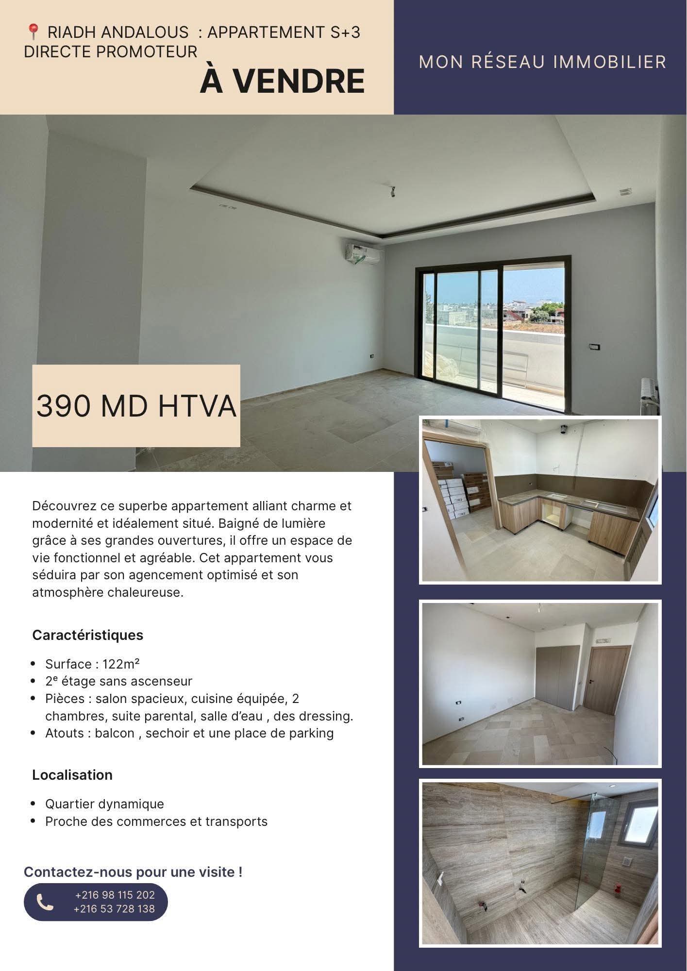 Ariana Ville Riadh Landlous Vente Appart. 4 pices S3 390 md direct promoteur riadh andalous