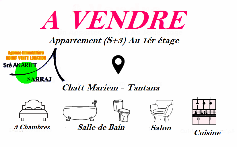 Akouda Chatt Meriem Vente Appart. 4 pices Appartement s3  70m de la plage tantana