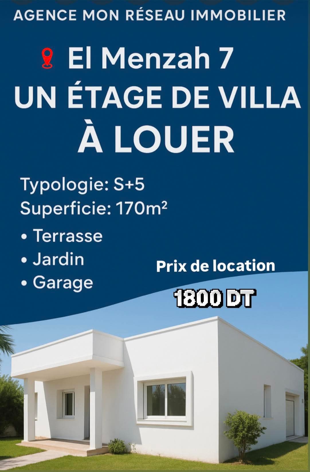 Ariana Ville El Menzah 7 Location Appart. 5 pices+ Etage de villa s5 a menzah 7 1800 d