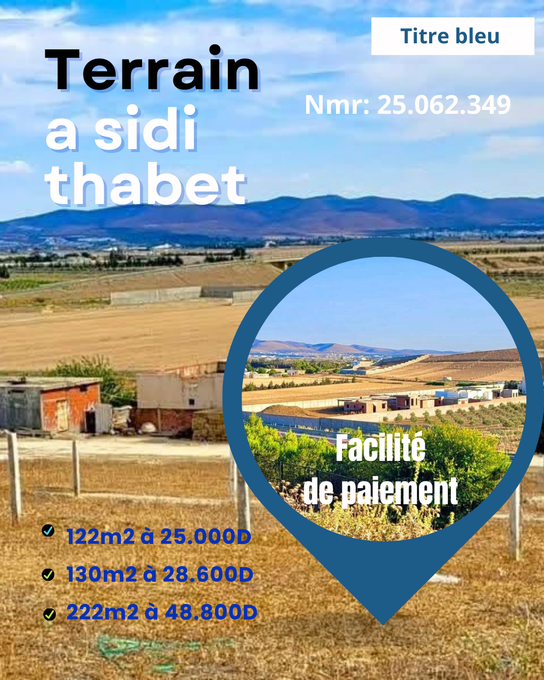 Sidi Thabet&nbsp;Bejaoua 2&nbsp;Terrain&nbsp;Terrain nu&nbsp;Offre a sidi thabet