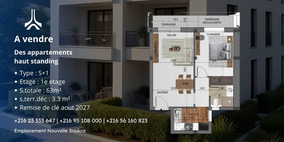La Marsa El Aouina Vente Appart. 1 pice Appartement  proche de toutes les commodits