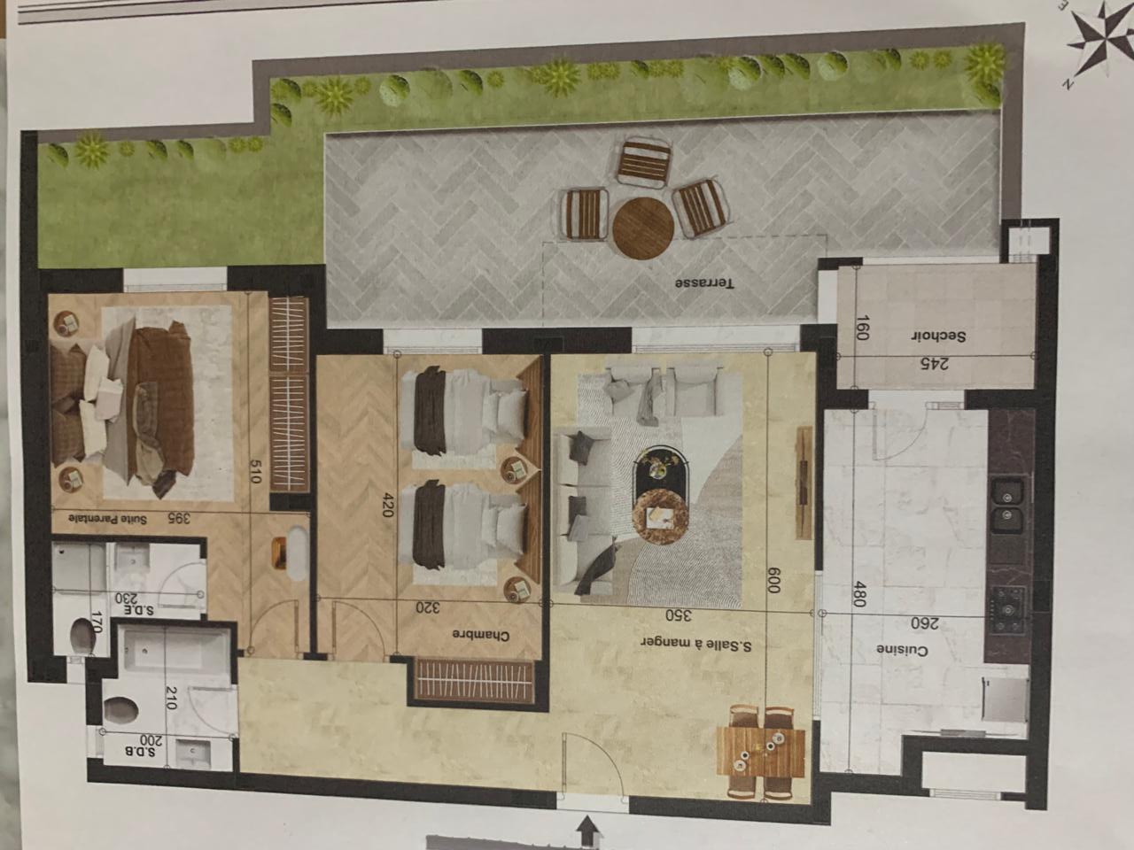 La Soukra&nbsp;Chotrana 1&nbsp;Location&nbsp;Appart. 3 pi�ces&nbsp;S plus 2 hauten  standing jamais habit� rdc