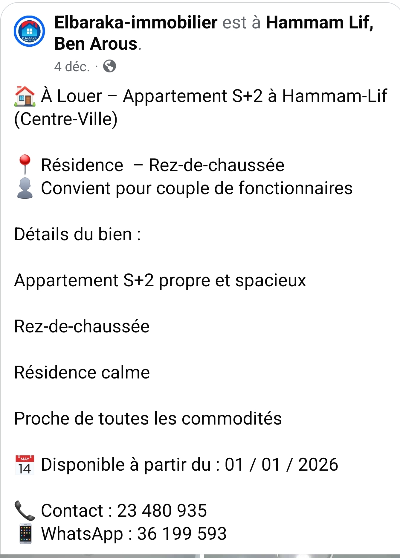 Hammam Lif&nbsp;Hammam Lif&nbsp;Location&nbsp;Appart. 3 pi�ces&nbsp;Rdc s2 centre ville hammam lif