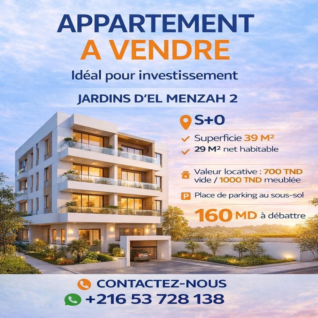 Mnihla&nbsp;Jardins d'el Menzah&nbsp;Vente&nbsp;Appart. 1 pi�ce&nbsp;S0 160 md aux jardins d'el menzah 2