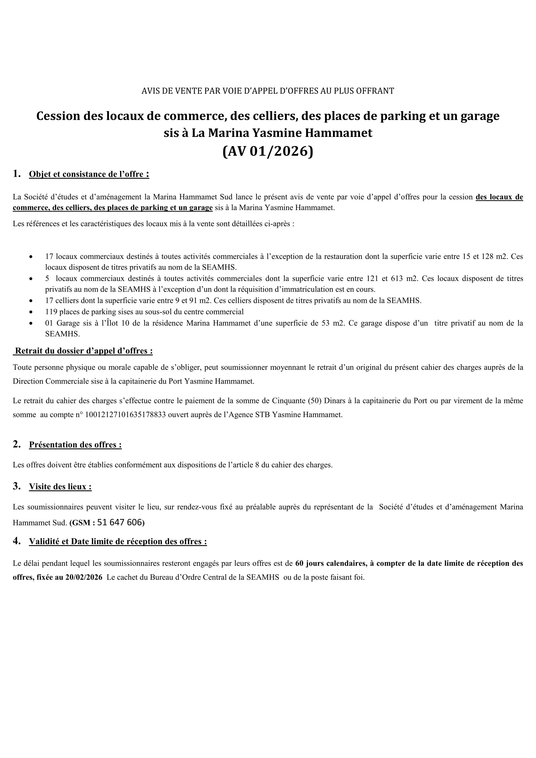 Hammamet&nbsp;Barraket Essahel&nbsp;Vente&nbsp;Autre&nbsp;Cession par voie appel d'offres au plus offrant