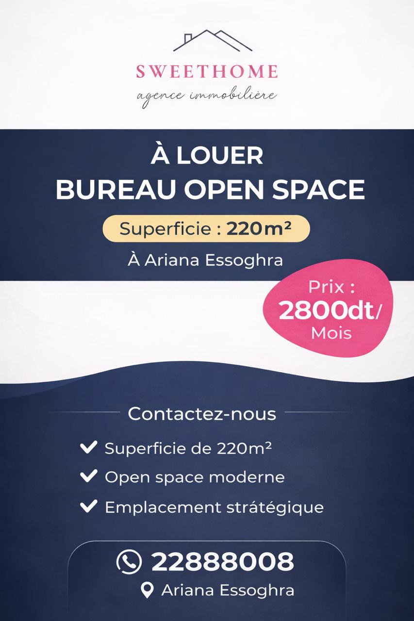 Ariana Ville&nbsp;Ariana&nbsp;Bureaux & Commerces&nbsp;Bureau&nbsp;Bureau en open space � ariana essoghra