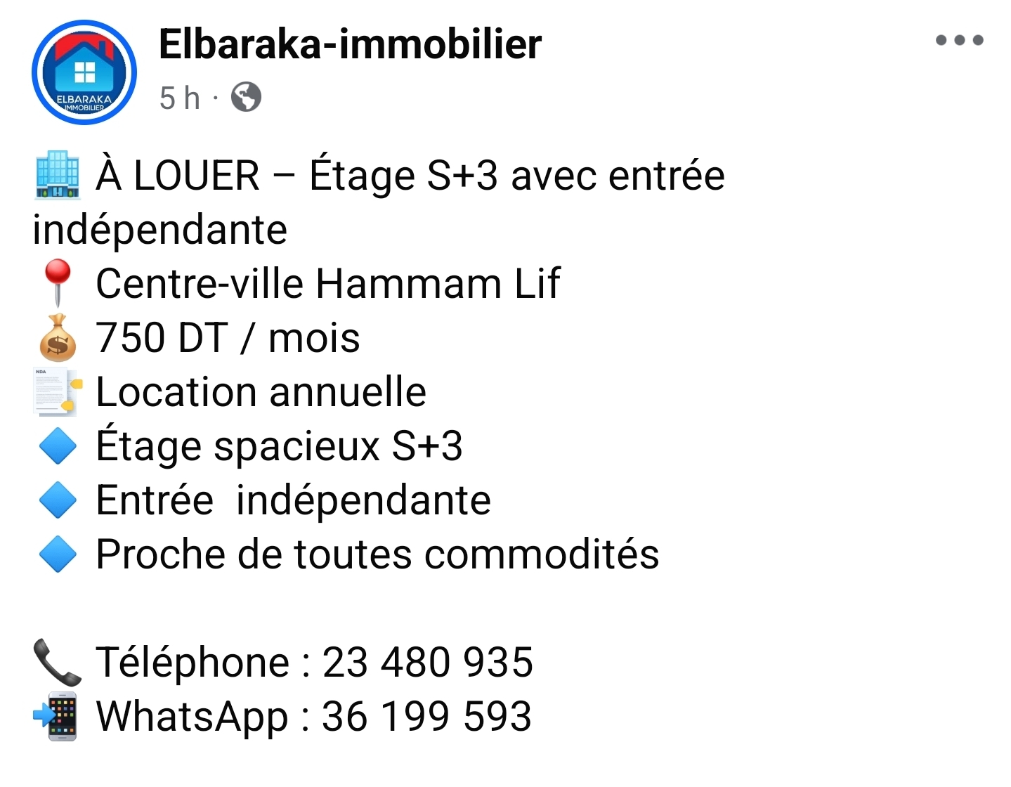 Hammam Lif&nbsp;Hammam Lif&nbsp;Location&nbsp;Appart. 4 pi�ces&nbsp;Etage s3 centre ville hammam lif