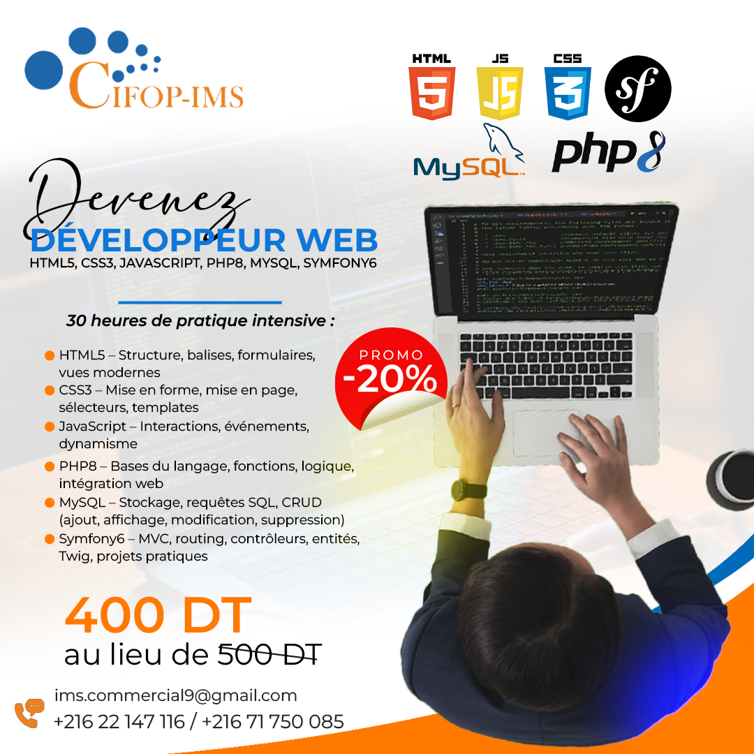El Menzah&nbsp;El Menzah 1&nbsp;En groupe&nbsp;Autre&nbsp;Formation d�veloppement web et symfony6