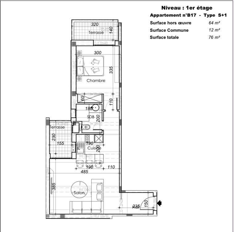 Ariana Ville&nbsp;Cite Ennasr 2&nbsp;Vente&nbsp;Appart. 1 pi�ce&nbsp;S 1 � ennaser 2