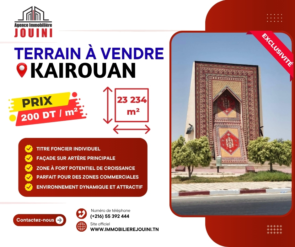 Kairouan Sud&nbsp;Kairouan&nbsp;Terrain&nbsp;Terrain nu&nbsp;Terrain de 23 234 m2 � kairouan