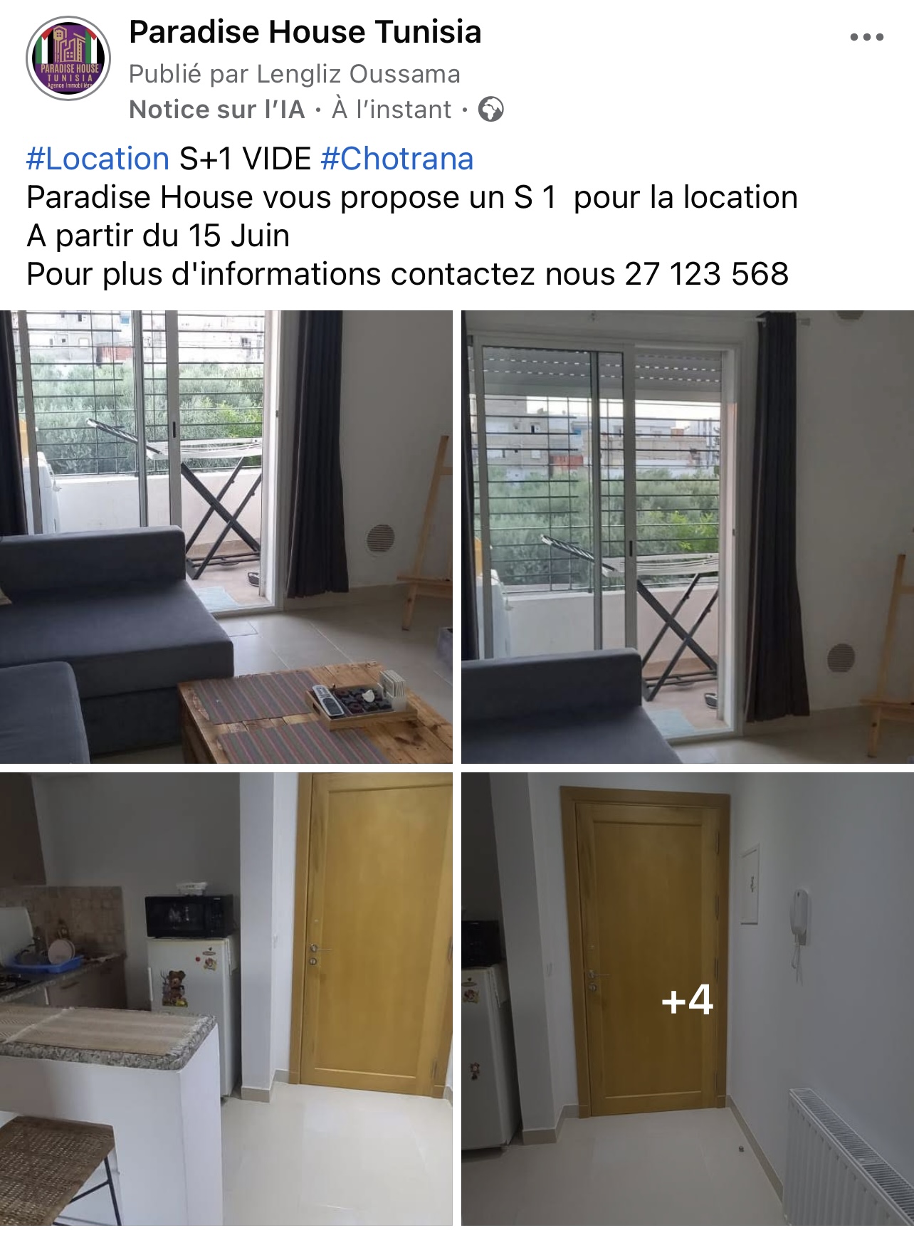 La Soukra&nbsp;Chotrana 1&nbsp;Location&nbsp;Appart. 2 pi�ces&nbsp;Appartement s 1 chotrana 1