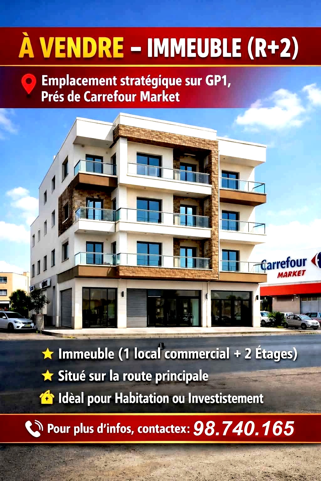 Sousse Jaouhara&nbsp;Sousse Khezama&nbsp;Vente&nbsp;Maisons&nbsp;Immeuble r2 sur gp1 et pr�s carrefour market