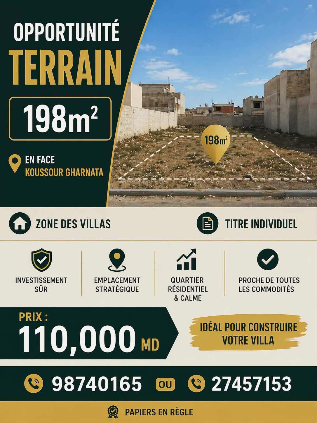 Akouda&nbsp;Chatt Meriem&nbsp;Terrain&nbsp;Terrain nu&nbsp;Lot 198m zone des villas en face koussour gharnata