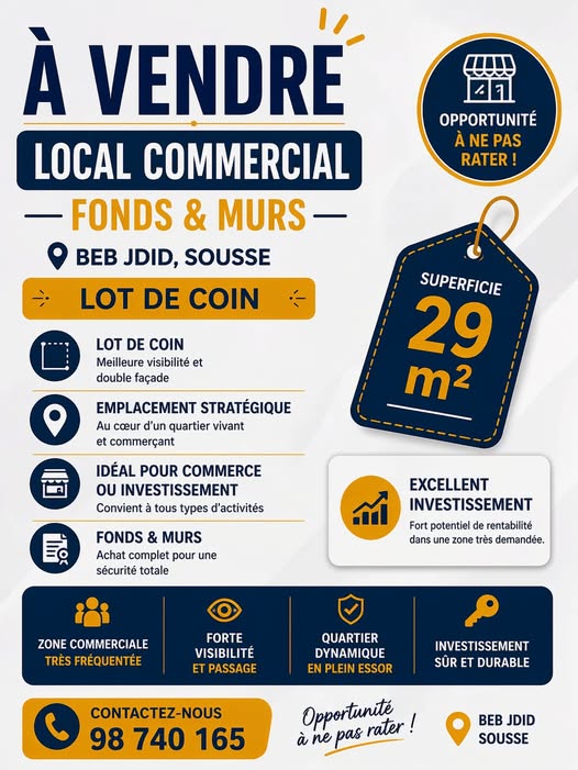 Sousse Ville&nbsp;Sousse&nbsp;Bureaux & Commerces&nbsp;Surfaces&nbsp;Local commercial fonds et murs � beb jdid sousse