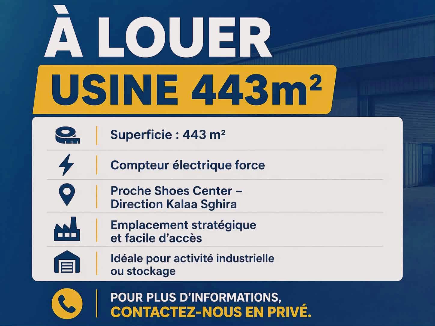 Kalaa Essghira&nbsp;Kalaa Essghira&nbsp;Bureaux & Commerces&nbsp;Atelier,Garage&nbsp;Usine pas loin de shoes center vers kalaa sghira