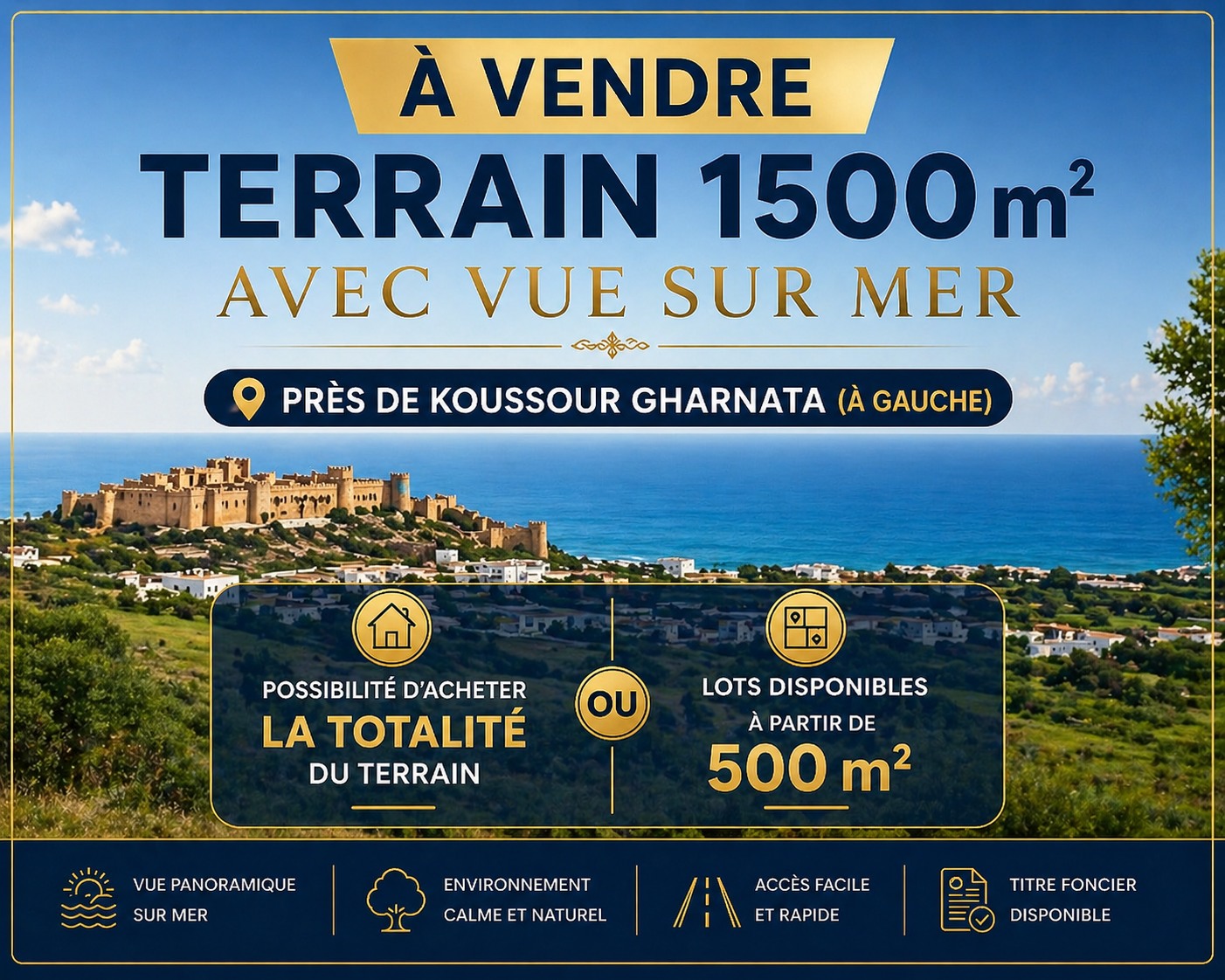 Akouda&nbsp;Chatt Meriem&nbsp;Terrain&nbsp;Terrain agricole&nbsp;Lot 1500m vue mer pr�s koussour gharnata � gauche