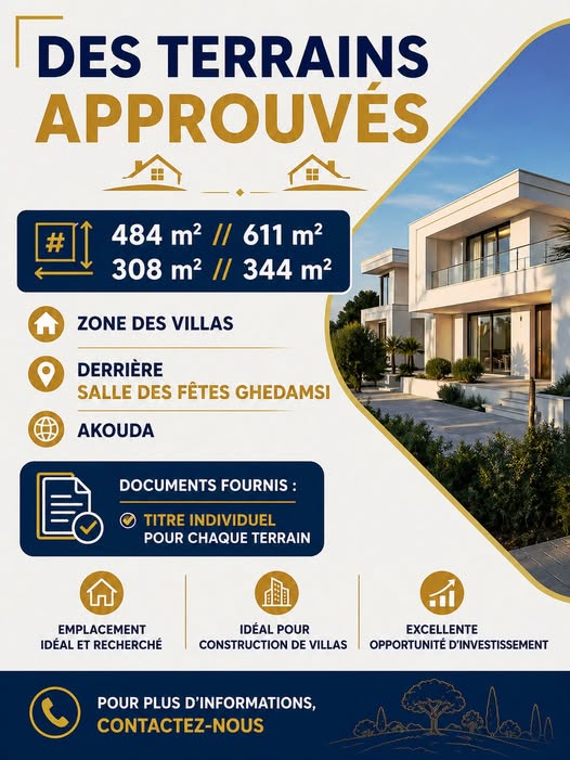 Akouda&nbsp;Akouda&nbsp;Terrain&nbsp;Terrain nu&nbsp;Lots approuv� derri�re salle des f�tes ghedamsi