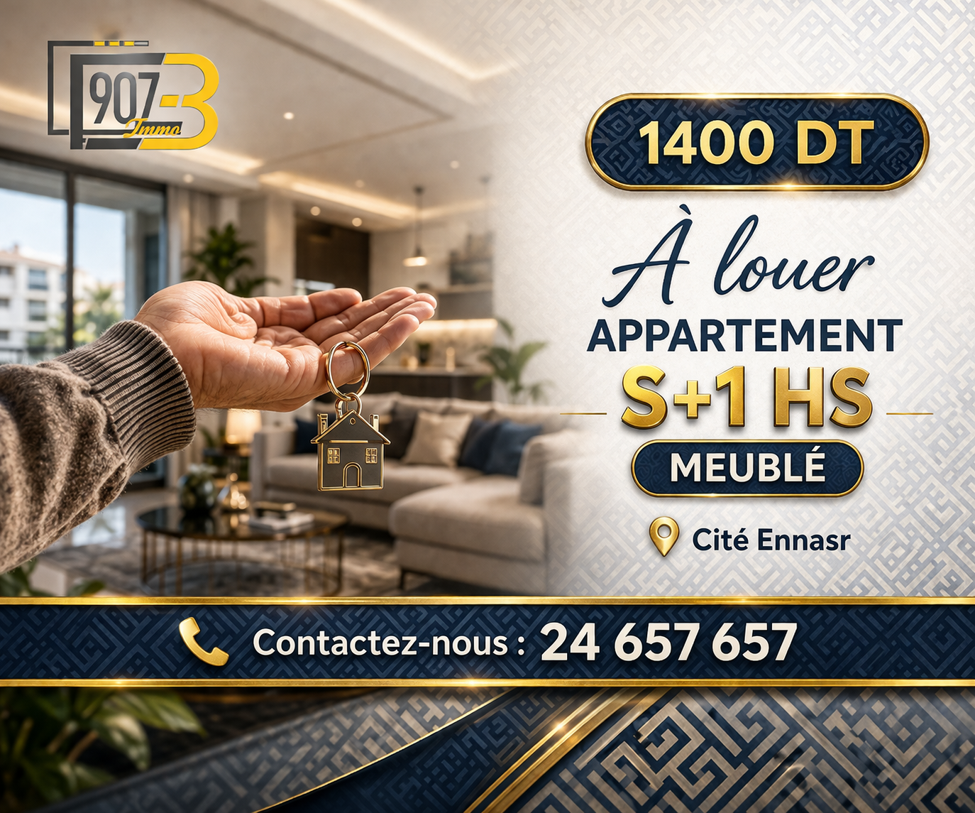 Ariana Ville&nbsp;Cite Ennasr 2&nbsp;Location&nbsp;Appart. 1 pi�ce&nbsp;S1 richement meubl� � ennaser 2