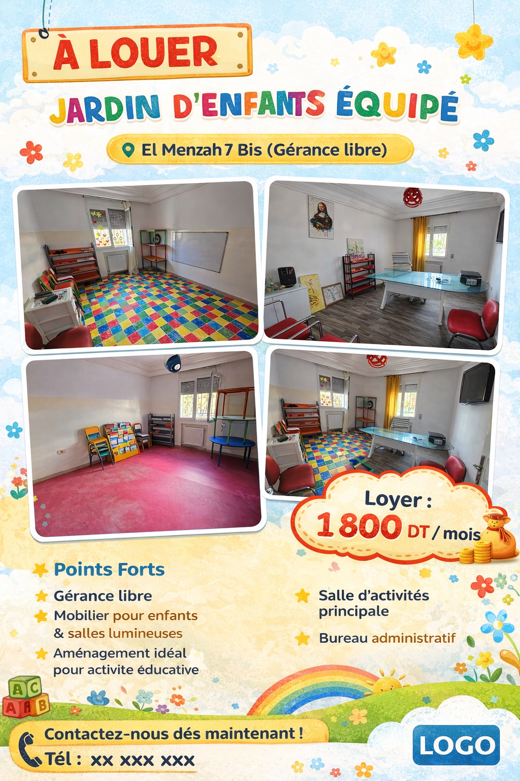 Ariana Ville&nbsp;El Menzah 7&nbsp;Bureaux & Commerces&nbsp;Surfaces&nbsp;Jardin d'enfant 1800 d