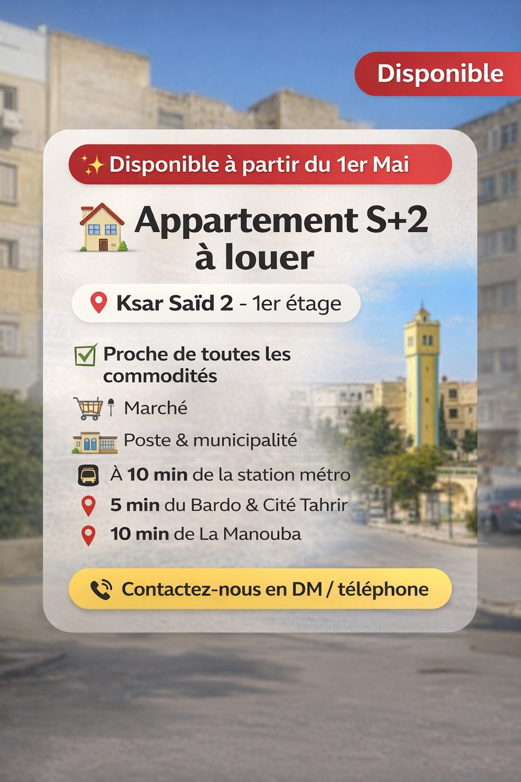 Le Bardo&nbsp;Ksar Said&nbsp;Location&nbsp;Appart. 3 pi�ces&nbsp;Appartement s2 1er �tage