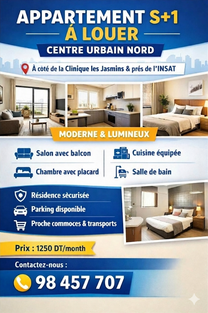 Cite El Khadra&nbsp;Zone urbaine nord&nbsp;Location&nbsp;Appart. 2 pi�ces&nbsp;S plus 1 centre urbain nord