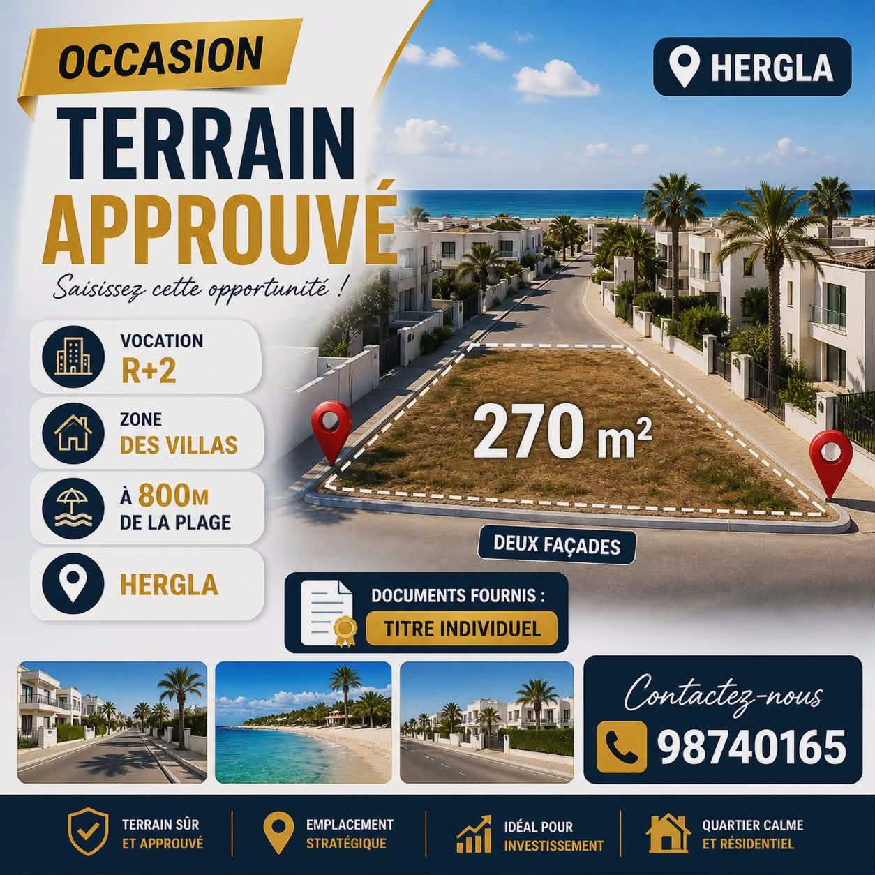 Hergla&nbsp;Hergla&nbsp;Terrain&nbsp;Terrain nu&nbsp;Terrain approuv� 270m � 800m de la plage hergla