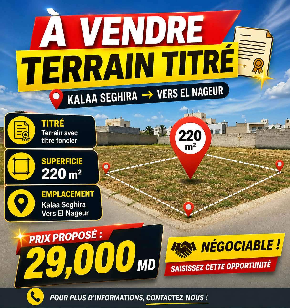 Kalaa Essghira&nbsp;Ennagr&nbsp;Terrain&nbsp;Terrain agricole&nbsp;Terrain titr� 220m � kalaa seghira vers el nageur