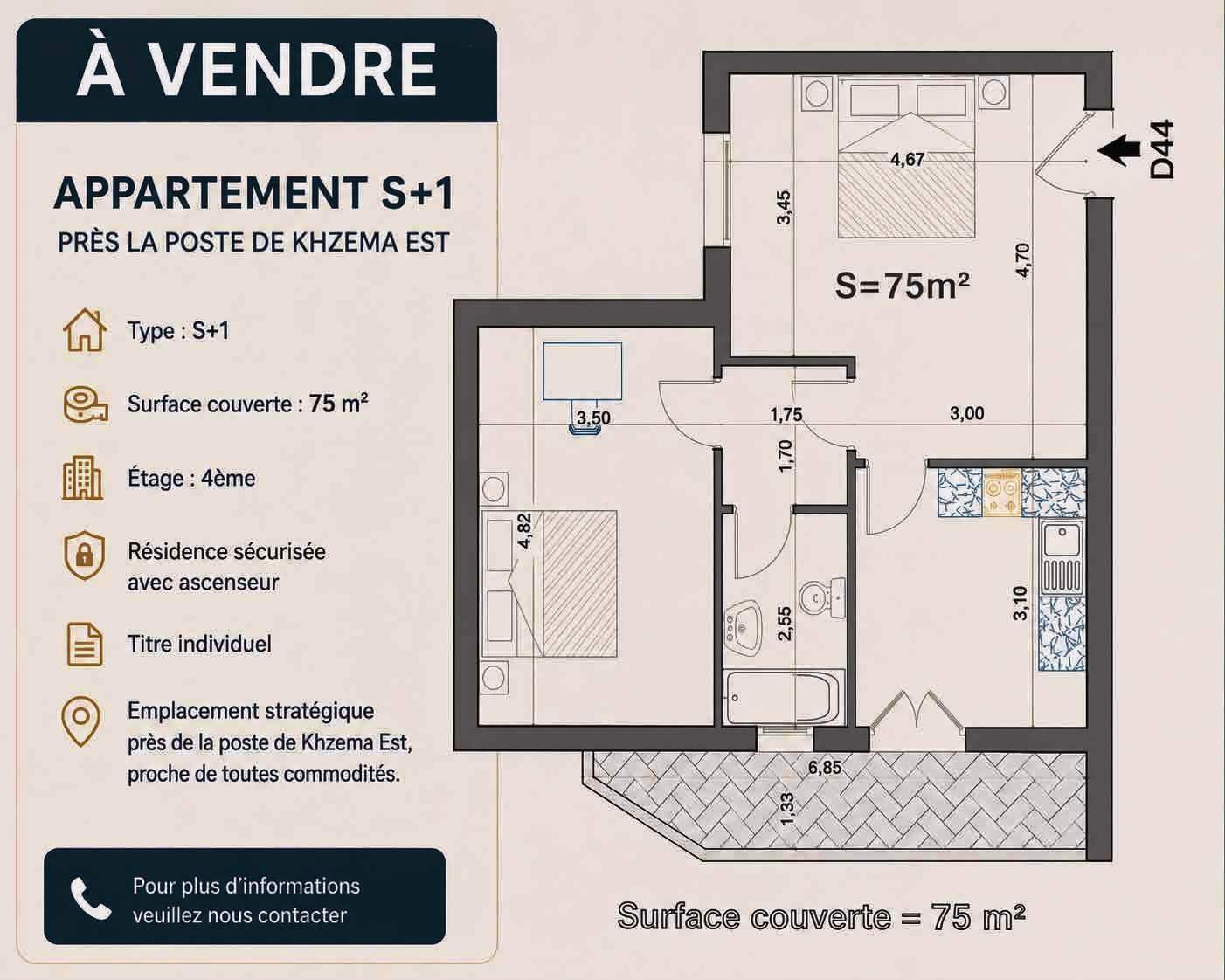 Sousse Jaouhara&nbsp;Sousse Khezama&nbsp;Vente&nbsp;Appart. 2 pi�ces&nbsp;Ne rater pas appartement s1 pr�s la poste khzema
