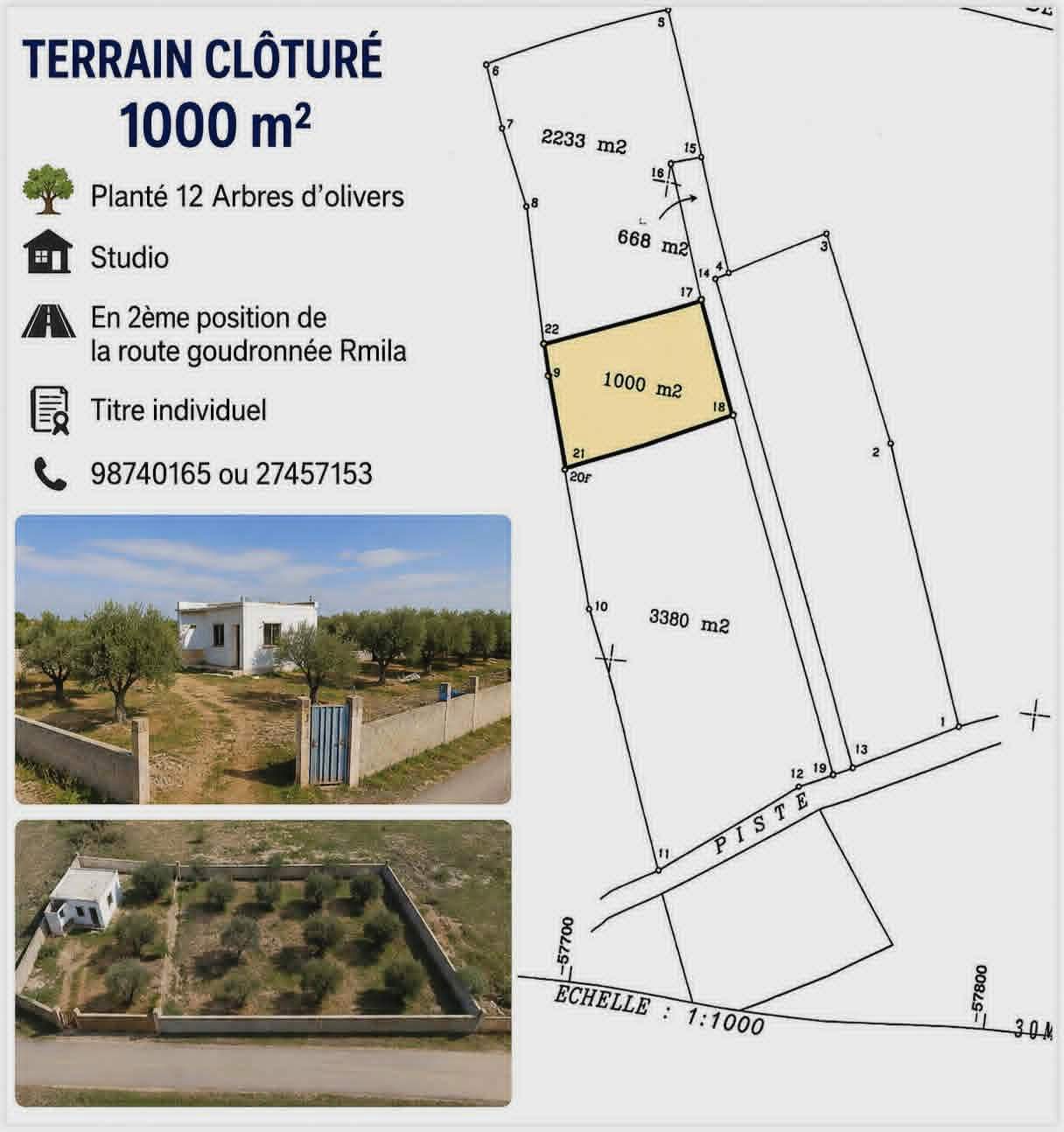 Akouda&nbsp;Chatt Meriem&nbsp;Terrain&nbsp;Terrain agricole&nbsp;Tr�s bon offre terrain cl�tur� 1000m � rmila