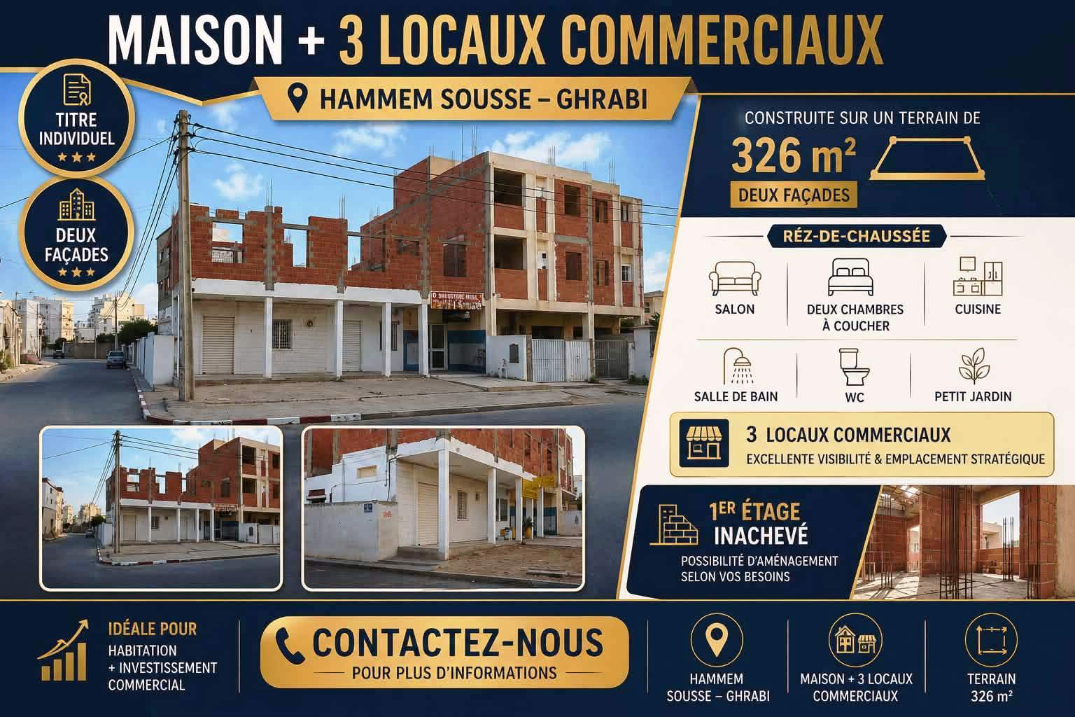 Hammam Sousse&nbsp;Hammam Sousse Gharbi&nbsp;Vente&nbsp;Maisons&nbsp;Maison et 3 locaux commercieaux hammem sousse