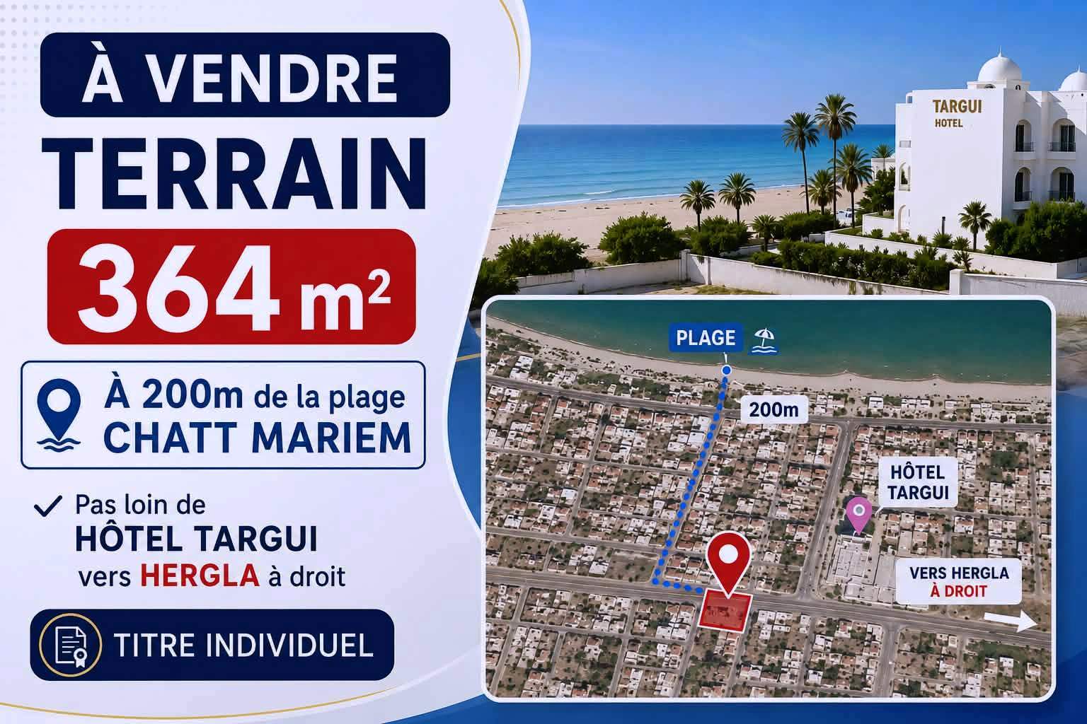 Akouda&nbsp;Chatt Meriem&nbsp;Terrain&nbsp;Terrain nu&nbsp;Terrain 364m � 200m de la plage chatt mariem