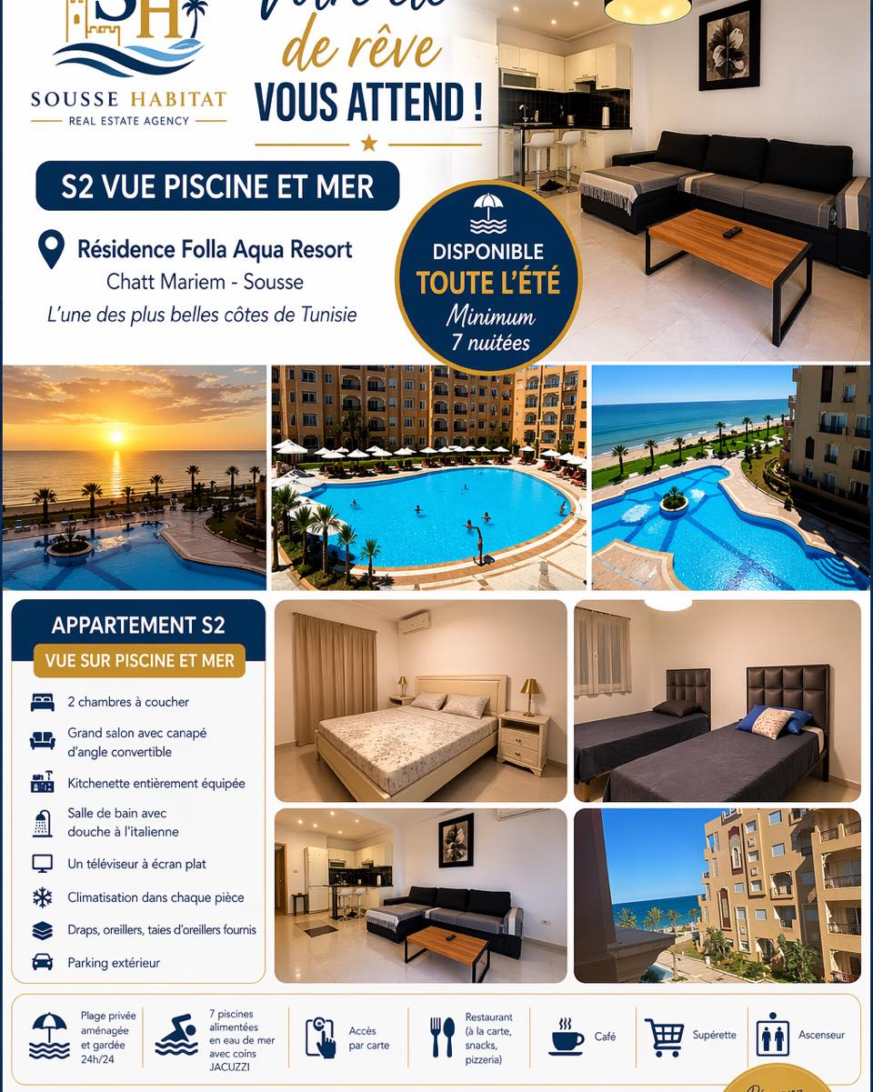 Akouda&nbsp;Chatt Meriem&nbsp;Location vacances&nbsp;Appart. 2 pi�ces&nbsp;Un s2 vue sur la mer et piscine