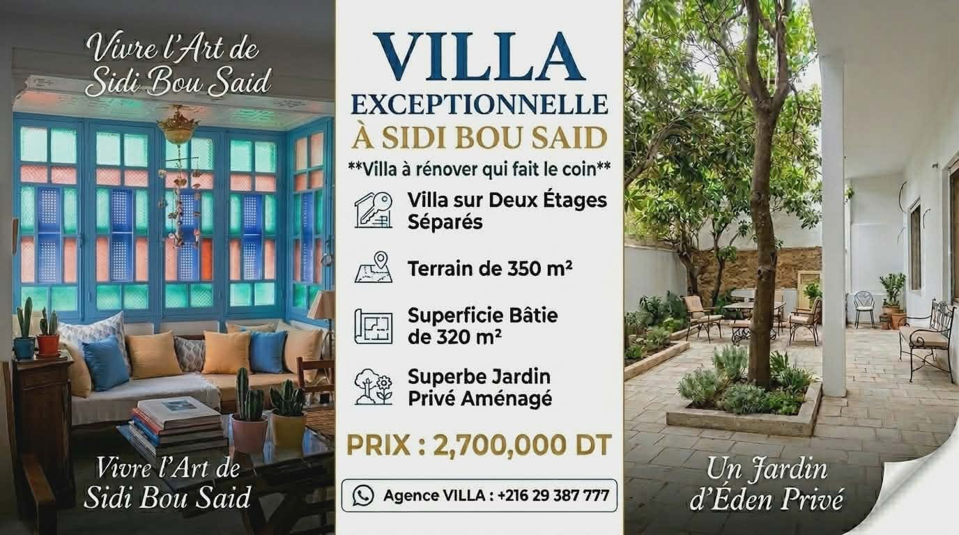 Carthage&nbsp;Sidi Bousaid&nbsp;Vente&nbsp;Appart. 5 pi�ces+&nbsp;Villa � r�nover � sidibousaid