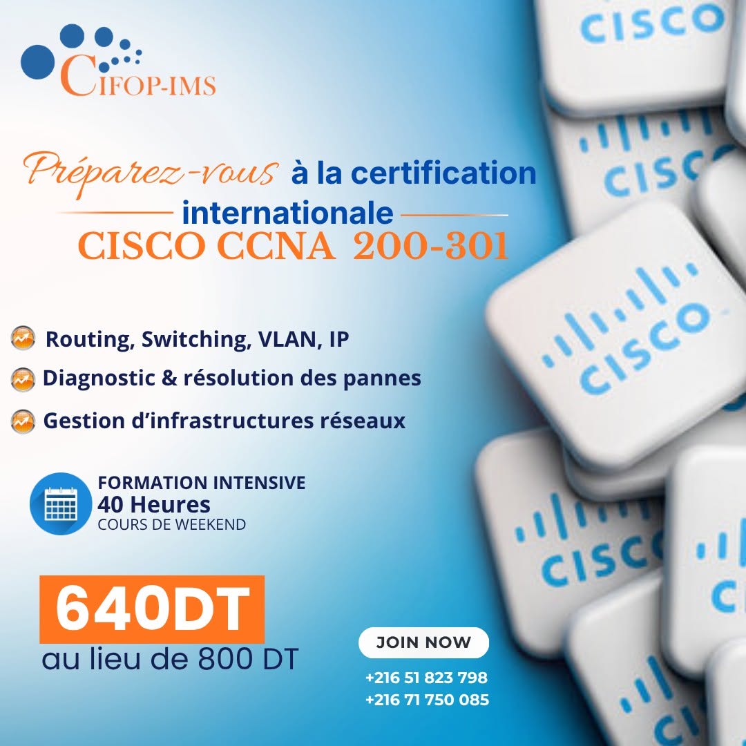 El Menzah&nbsp;El Menzah 1&nbsp;En groupe&nbsp;Autre&nbsp;Formation cisco ccna