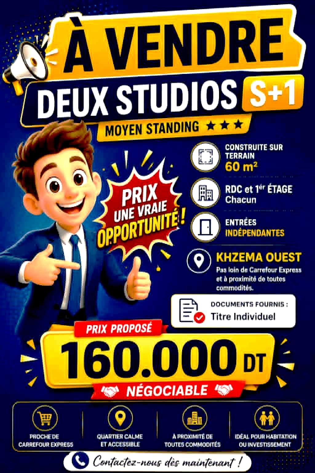Sousse Jaouhara&nbsp;Khezama Ouest&nbsp;Vente&nbsp;Appart. 3 pi�ces&nbsp;Studios khzema ouest pas loin carrefour expresse