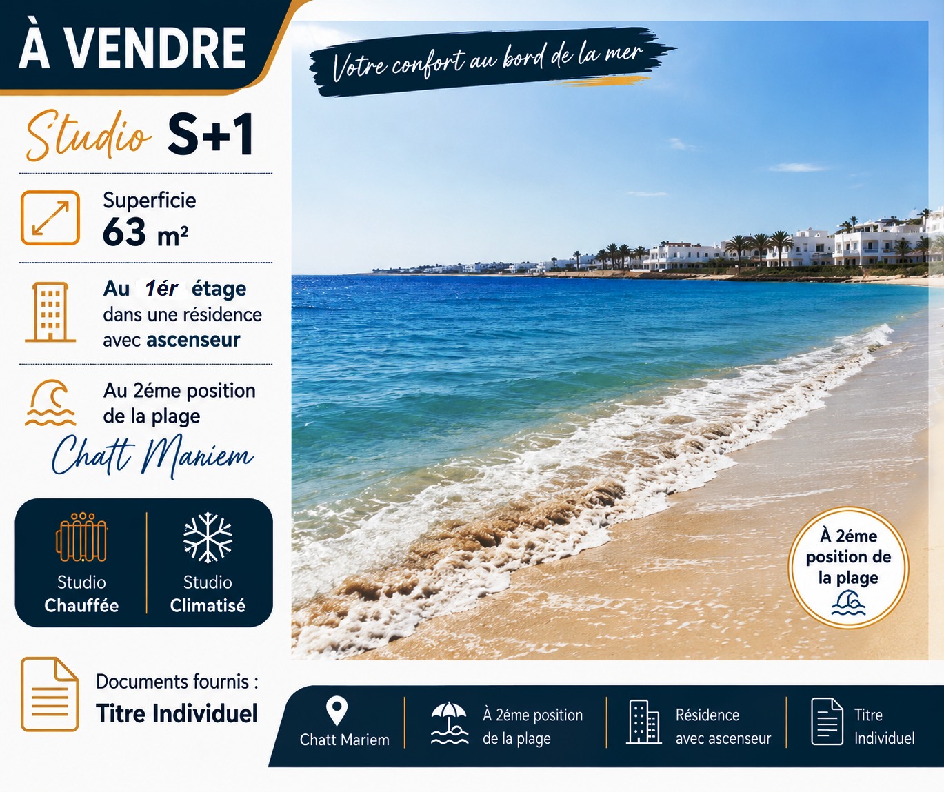 Akouda&nbsp;Chatt Meriem&nbsp;Vente&nbsp;Appart. 2 pi�ces&nbsp;Studio au 2�me position de la plage chatt mariem
