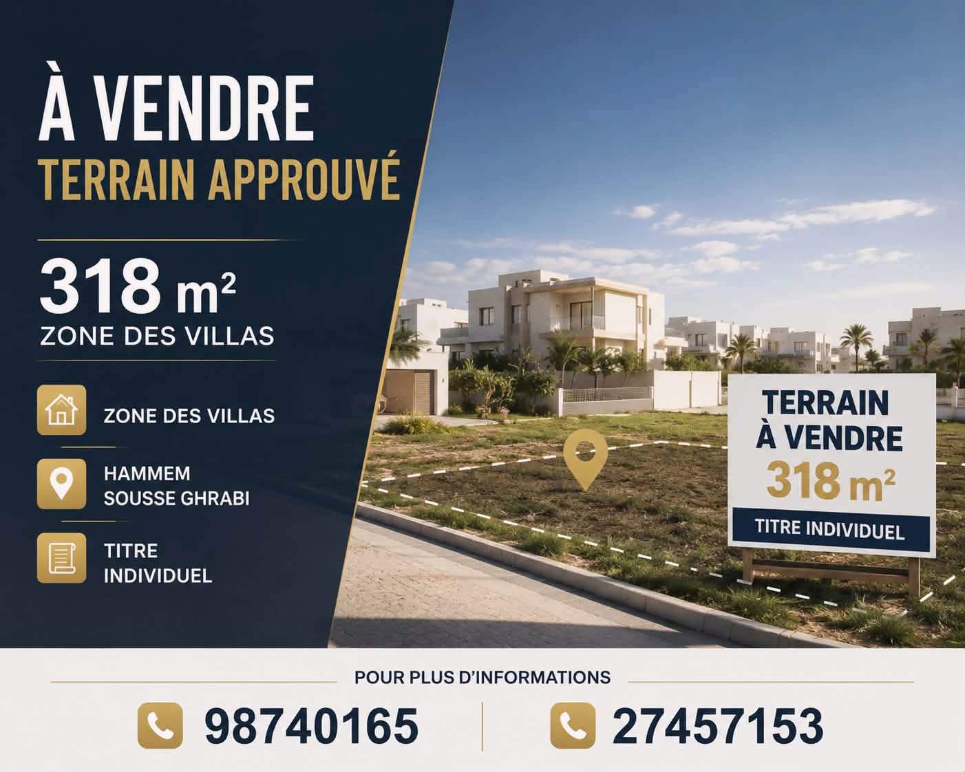Hammam Sousse&nbsp;Hammam Sousse Gharbi&nbsp;Terrain&nbsp;Terrain nu&nbsp;Terrain approuv� 318m hammem sousse ghrabi