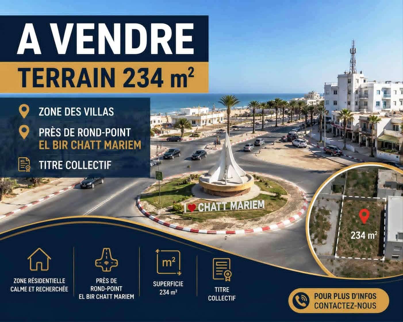 Akouda&nbsp;Chatt Meriem&nbsp;Terrain&nbsp;Terrain agricole&nbsp;Terrain 234m pr�s rond point el bir chatt mariem