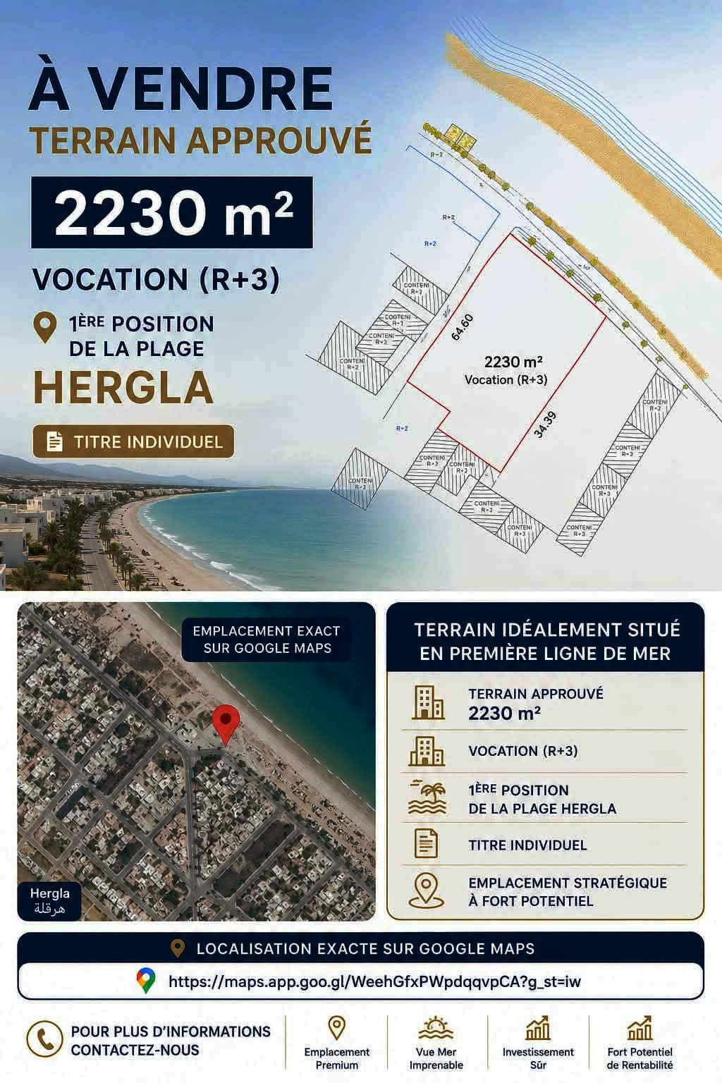 Hergla&nbsp;Hergla&nbsp;Terrain&nbsp;Terrain nu&nbsp;Terrain 2230m en 1�r position de la plage hergla
