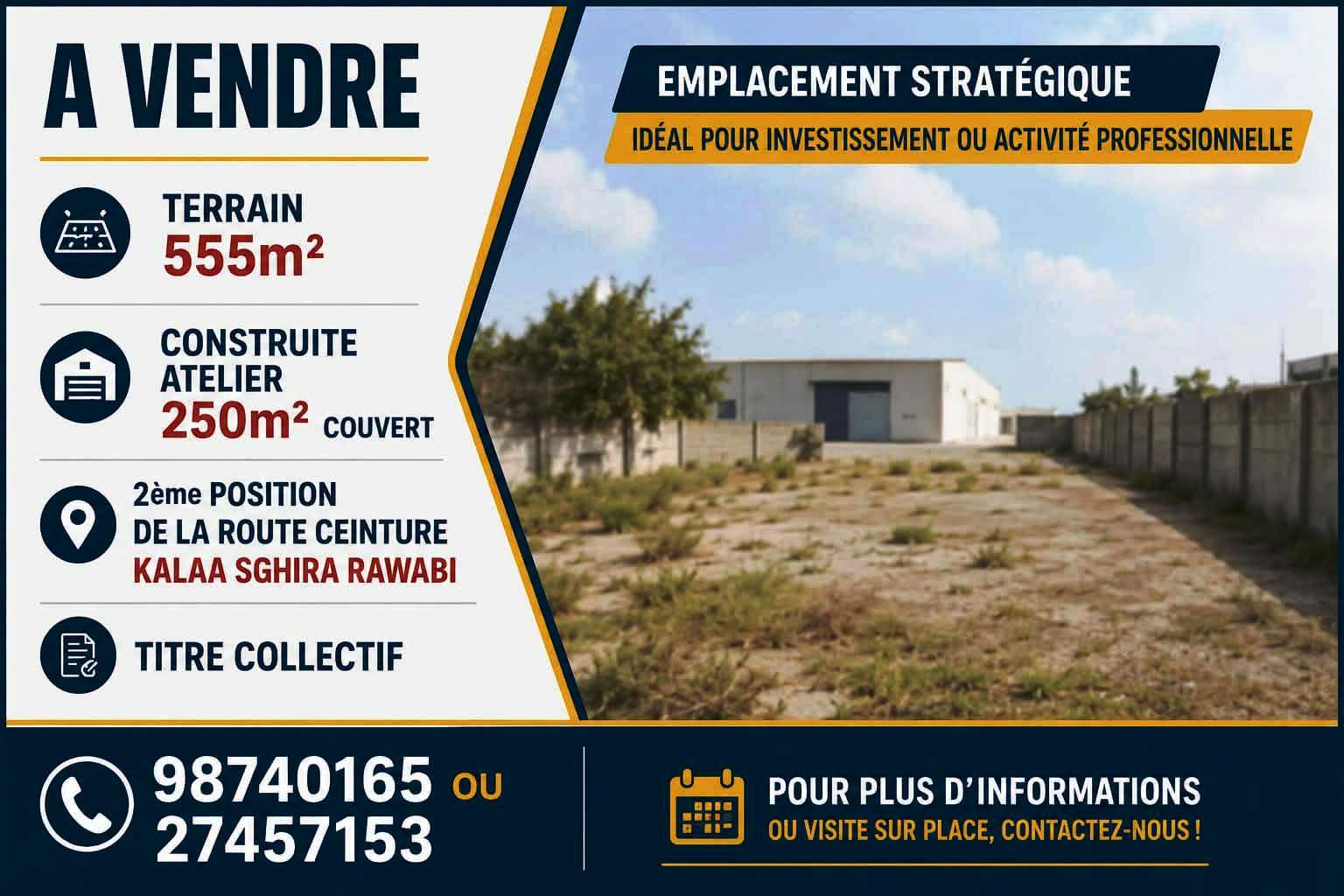 Kalaa Essghira&nbsp;Kalaa Essghira&nbsp;Terrain&nbsp;Terrain nu&nbsp;Terrain 555m avec atelier 250m kalaa sghira rawabi
