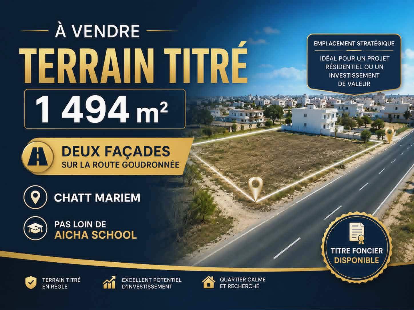Akouda&nbsp;Chatt Meriem&nbsp;Terrain&nbsp;Terrain nu&nbsp;Lot 1494m chatt mariem pr�s �cole aicha school