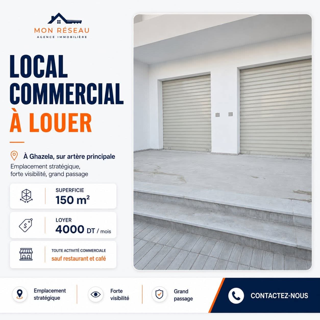 Raoued&nbsp;Cite El Ghazala 1&nbsp;Bureaux & Commerces&nbsp;Surfaces&nbsp;Local commercial ghazela 150 m2