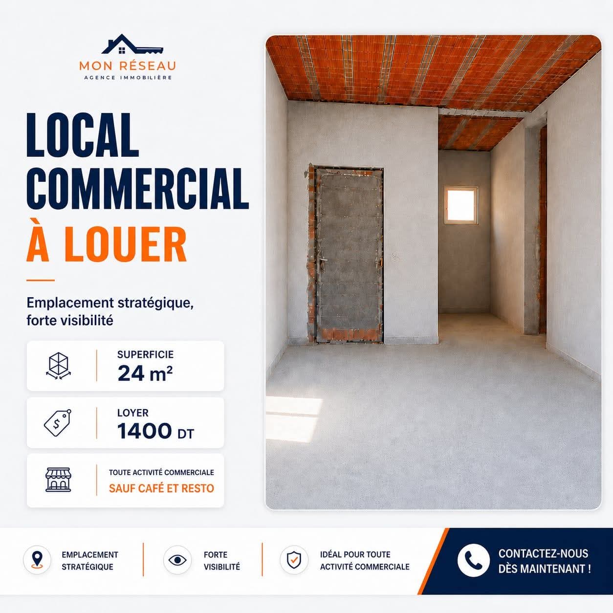 Raoued&nbsp;Cite El Ghazala 1&nbsp;Bureaux & Commerces&nbsp;Surfaces&nbsp;Local commercial ghazela 1400 d 40 m2