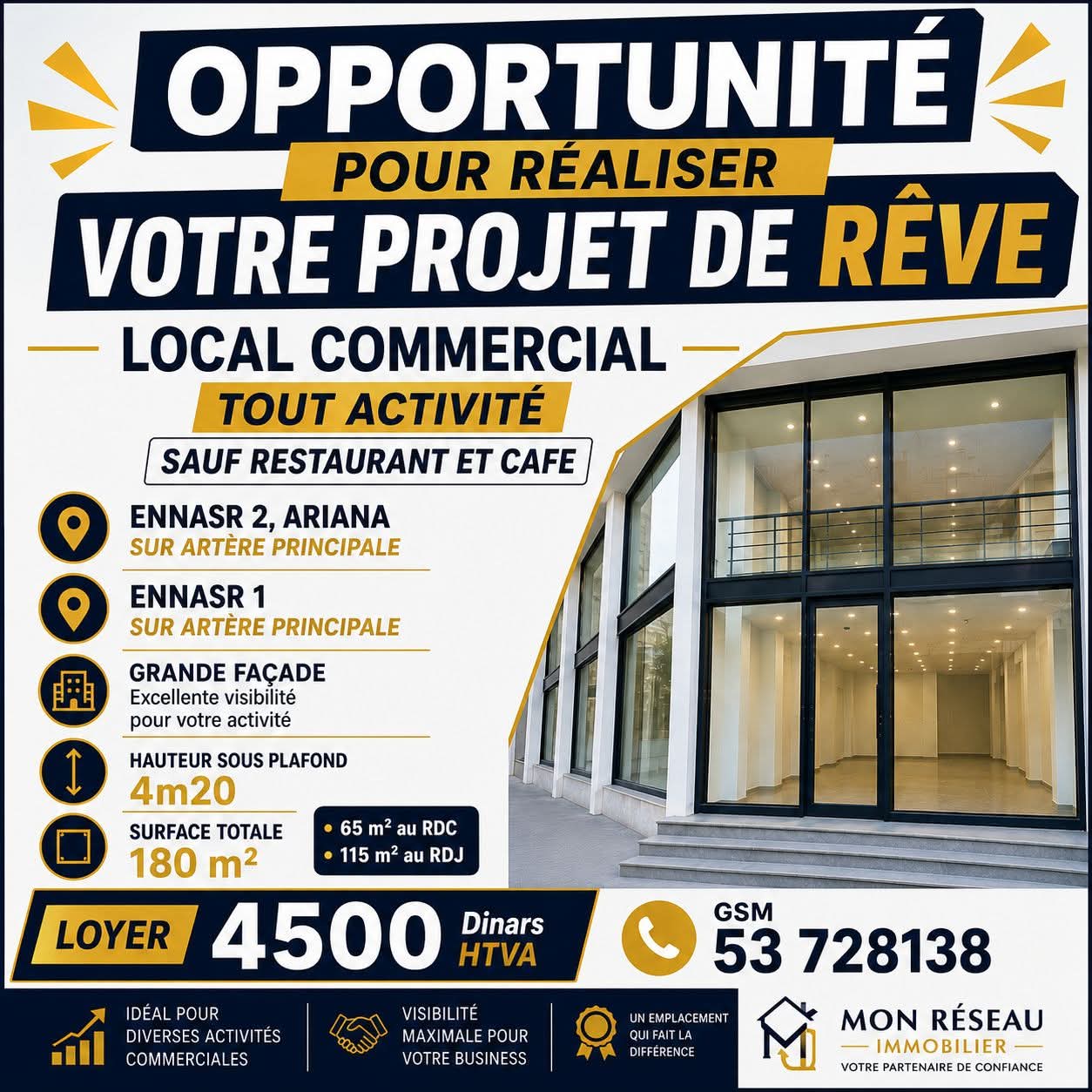 Ariana Ville&nbsp;Cite Ennasr 1&nbsp;Bureaux & Commerces&nbsp;Surfaces&nbsp;Local commercial a ennasr 1 4500d