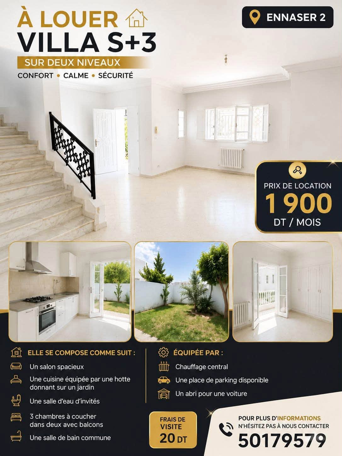 Ariana Ville&nbsp;Cite Ennasr 2&nbsp;Location&nbsp;Maisons&nbsp;Villa s3 a ennaser 2 cot� renee descartes