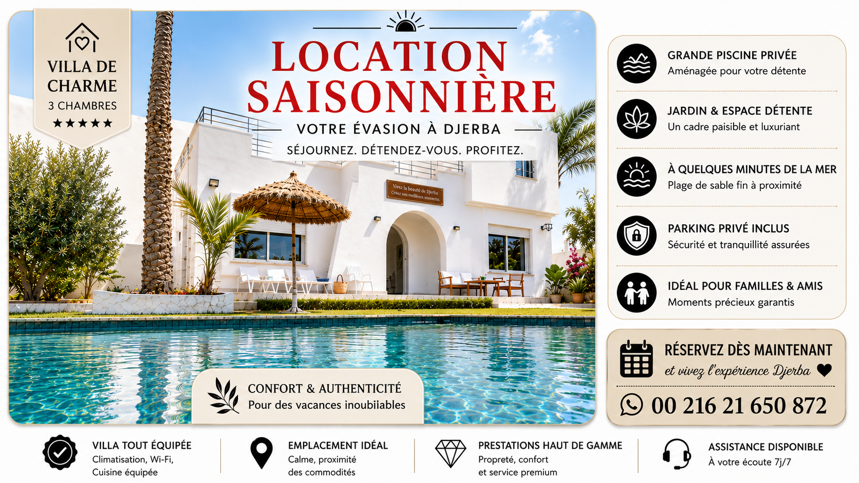 Djerba - Midoun&nbsp;Midoun&nbsp;Location&nbsp;Maisons&nbsp;Villa salon et 3 chambres avec piscine a tazda�ne